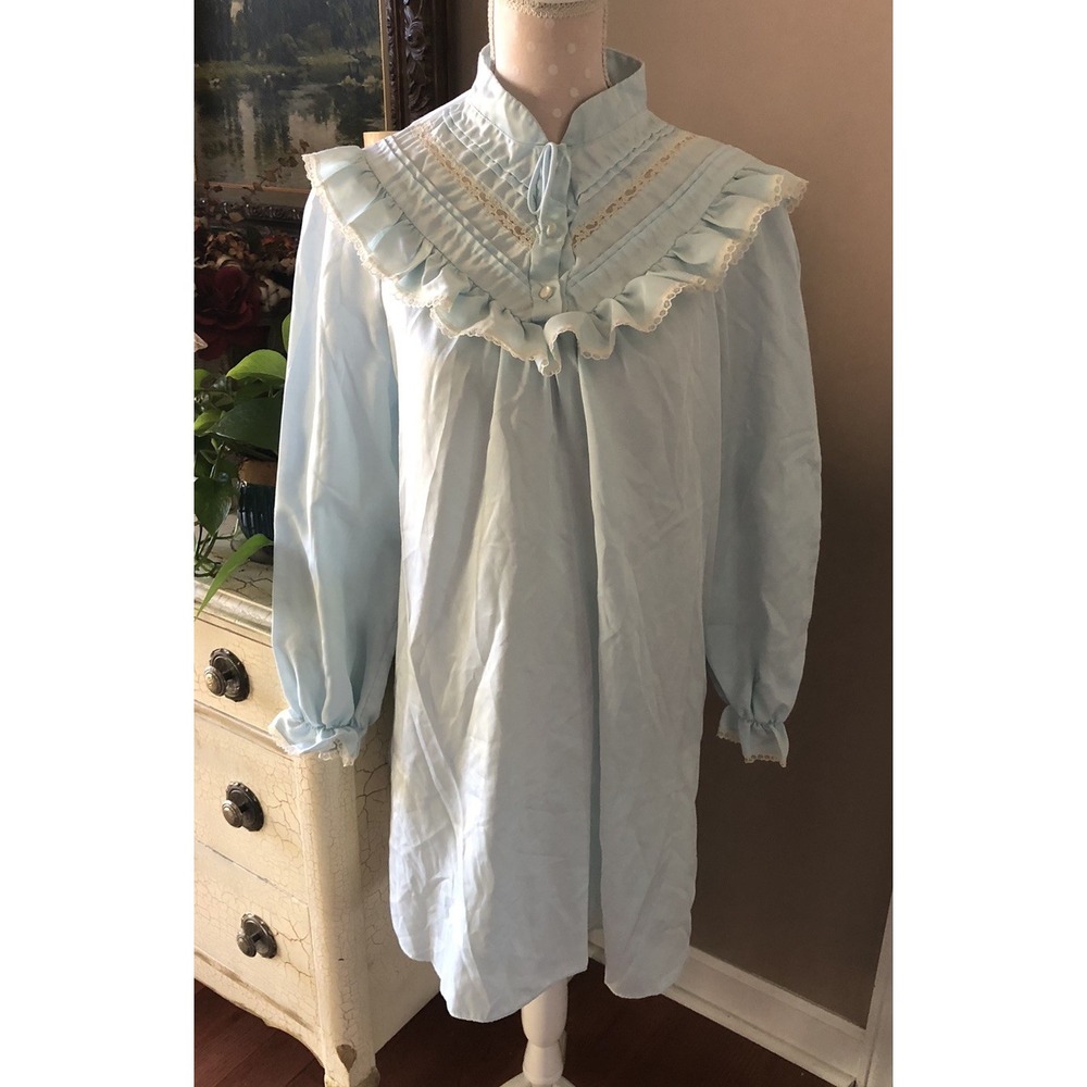 Vtg Jaclyn Smith Short Nightgown Long Sleeve Prairie Cottagecore Lace Blue Large